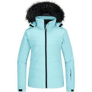 Women's Puffer Ski Hooded Jacket Light Blue Faux Fur Winter Warm Waterproof Coat